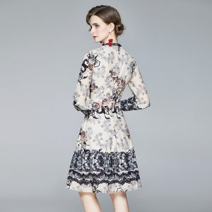 RM24030#秋季女装立领长袖收腰显瘦时尚印花雪纺连衣裙