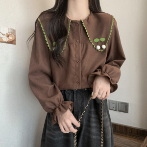 TR10956# 春季新款韩版宽松娃娃领森系甜美长袖咖啡色衬衫女 服装批发女装服饰货源