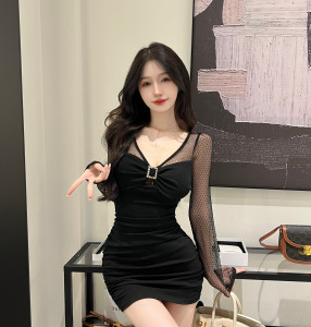 Mesh patchwork cotton elastic tight buttock long sleeve dress