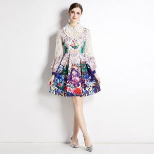 RM5264#polo领宫廷风灯笼袖女装新款蕾丝拼接法式长袖抽象印花A字连衣裙