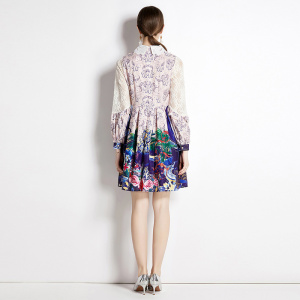 RM5264#polo领宫廷风灯笼袖女装新款蕾丝拼接法式长袖抽象印花A字连衣裙