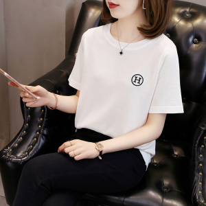 RM376#夏季新款纯色黑白条纹上衣冰丝针织衫宽松薄款短袖T恤女