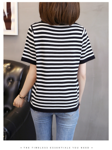 RM376#夏季新款纯色黑白条纹上衣冰丝针织衫宽松薄款短袖T恤女
