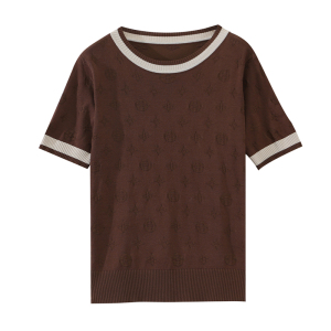 RM378#夏季新款短袖冰丝针织衫圆领提花撞色上衣潮牌t恤衫 女