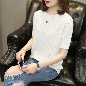 RM379#夏季新款女纯色镂空冰丝短袖针织休闲显瘦气质T恤上衣