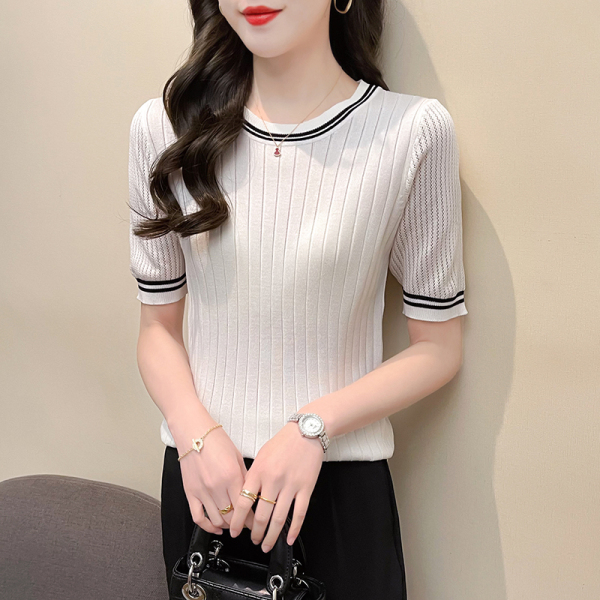 RM381#韩版圆领小清新缕空短袖t恤打底衫女夏装洋气冰丝针织衫