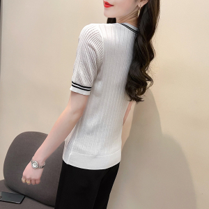 RM381#韩版圆领小清新缕空短袖t恤打底衫女夏装洋气冰丝针织衫