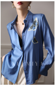 TR13655# 重磅真丝衬衫女春装新款长袖缎面高端蓝色印花桑蚕丝衬衣 服装批发女装服饰货源