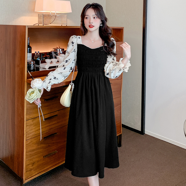 RM479#新款法式方领褶皱印花修身显瘦长款连衣裙