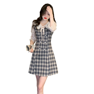 TR13340# 春季新款甜美减龄蕾丝拼接娃娃领格子A字连衣裙 服装批发女装直播货源