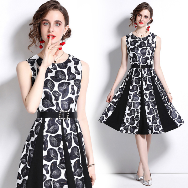 RM24022#欧洲站女装新款提花无袖圆领拼接时尚印花连衣裙