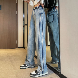 RM236#高腰阔腿牛仔裤女直筒裤宽松2023春季新款撞色拼接设计感拖地长裤