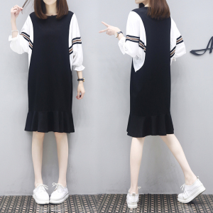 RM5846#中长款T恤裙短袖圆领撞色袖拼接鱼尾大码连衣裙女