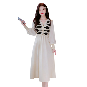 RM4145#新款V领拼色针织拼接假两件灯芯绒连衣裙