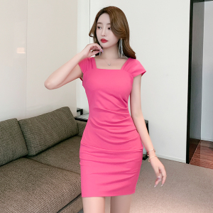 RM18572#夏季新款复古气质修身显瘦包臀短裙褶皱方领连衣裙