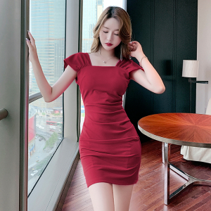 RM18572#夏季新款复古气质修身显瘦包臀短裙褶皱方领连衣裙
