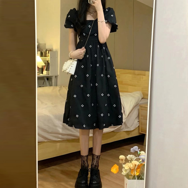 RM217#新款春法式甜美方领黑色碎花连衣裙女夏高级感收腰显瘦长裙