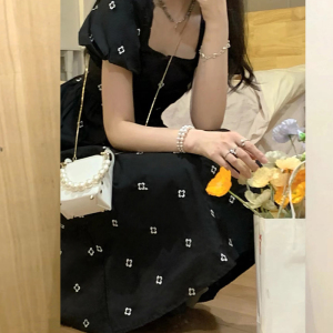 RM217#新款春法式甜美方领黑色碎花连衣裙女夏高级感收腰显瘦长裙