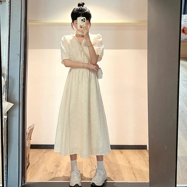 RM218#茶歇白色连衣裙子2023夏季新款设计感小众女装法式高级感别致气...