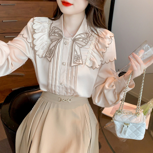 RY70#春双层重工刺绣娃娃领长袖t恤新款设计感小众雪纺衫上衣