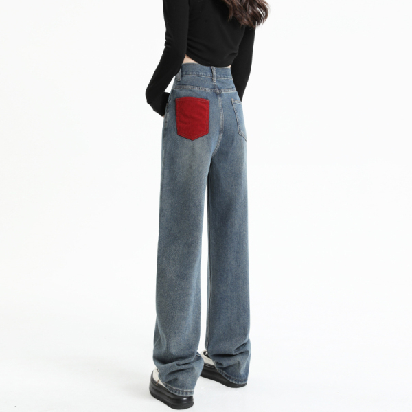 RM1265#新款潮牌牛仔裤女拼接撞色口袋高腰直筒宽松阔腿裤子设计感