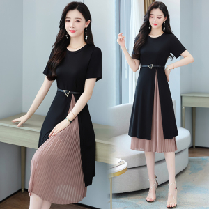 RM5550#裙子女夏法式气质显瘦过膝长裙开叉假两件雪纺拼接连衣裙