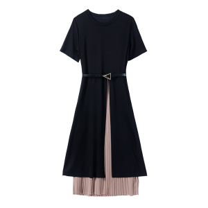 RM5550#裙子女夏法式气质显瘦过膝长裙开叉假两件雪纺拼接连衣裙