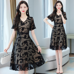 RM4565#气质短袖连衣裙女装夏季收腰显瘦黑色真丝雪纺长裙子