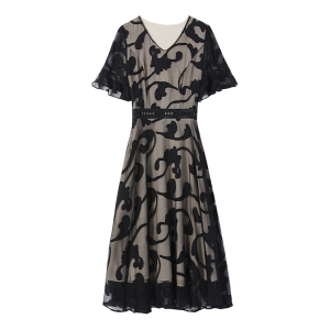 RM4565#气质短袖连衣裙女装夏季收腰显瘦黑色真丝雪纺长裙子