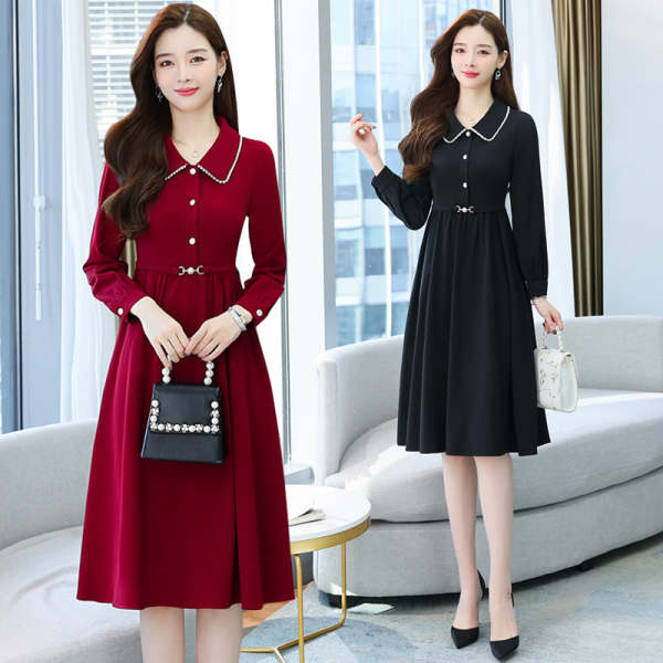 RM22599#新款春款女装收腰显瘦气质法式复古长袖红色连衣裙小众设计