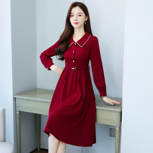 RM22599#新款春款女装收腰显瘦气质法式复古长袖红色连衣裙小众设计