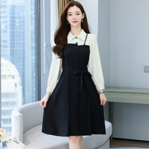 RM1622#假两件长袖法式连衣裙女学院风新款显瘦赫本风解构衬衫小黑裙