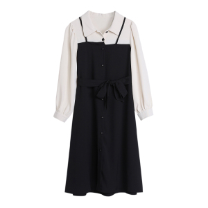 RM1622#假两件长袖法式连衣裙女学院风新款显瘦赫本风解构衬衫小黑裙