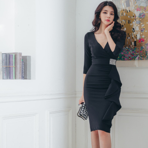 RM331#新款韩版时尚气质优雅显瘦性感v领烫钻女神范连衣裙