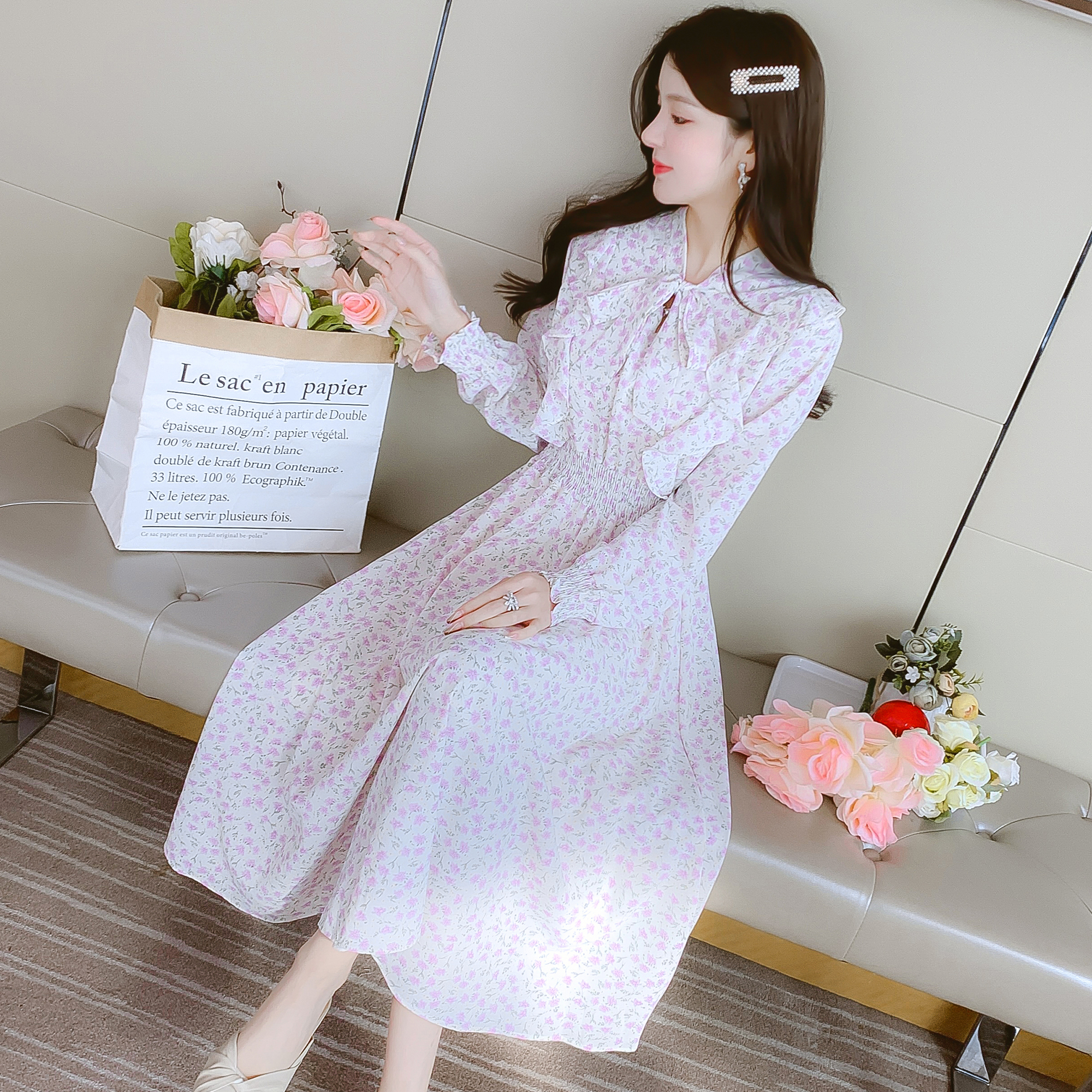 實拍2023甜美喇叭袖淑女超修身雪紡荷葉邊裙韓版長袖碎花連衣裙