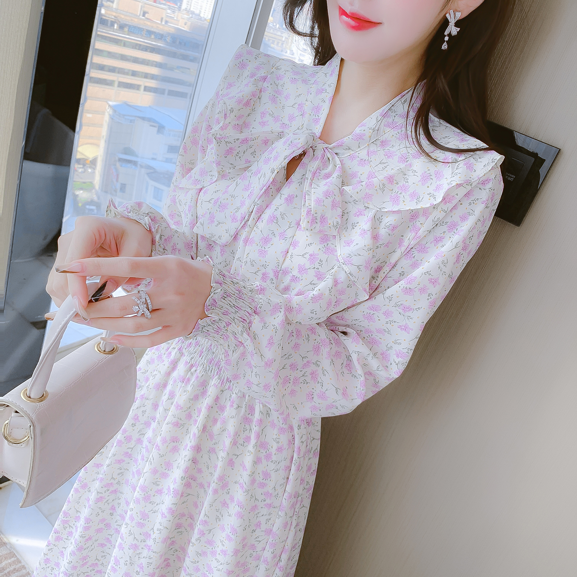 實拍2023甜美喇叭袖淑女超修身雪紡荷葉邊裙韓版長袖碎花連衣裙