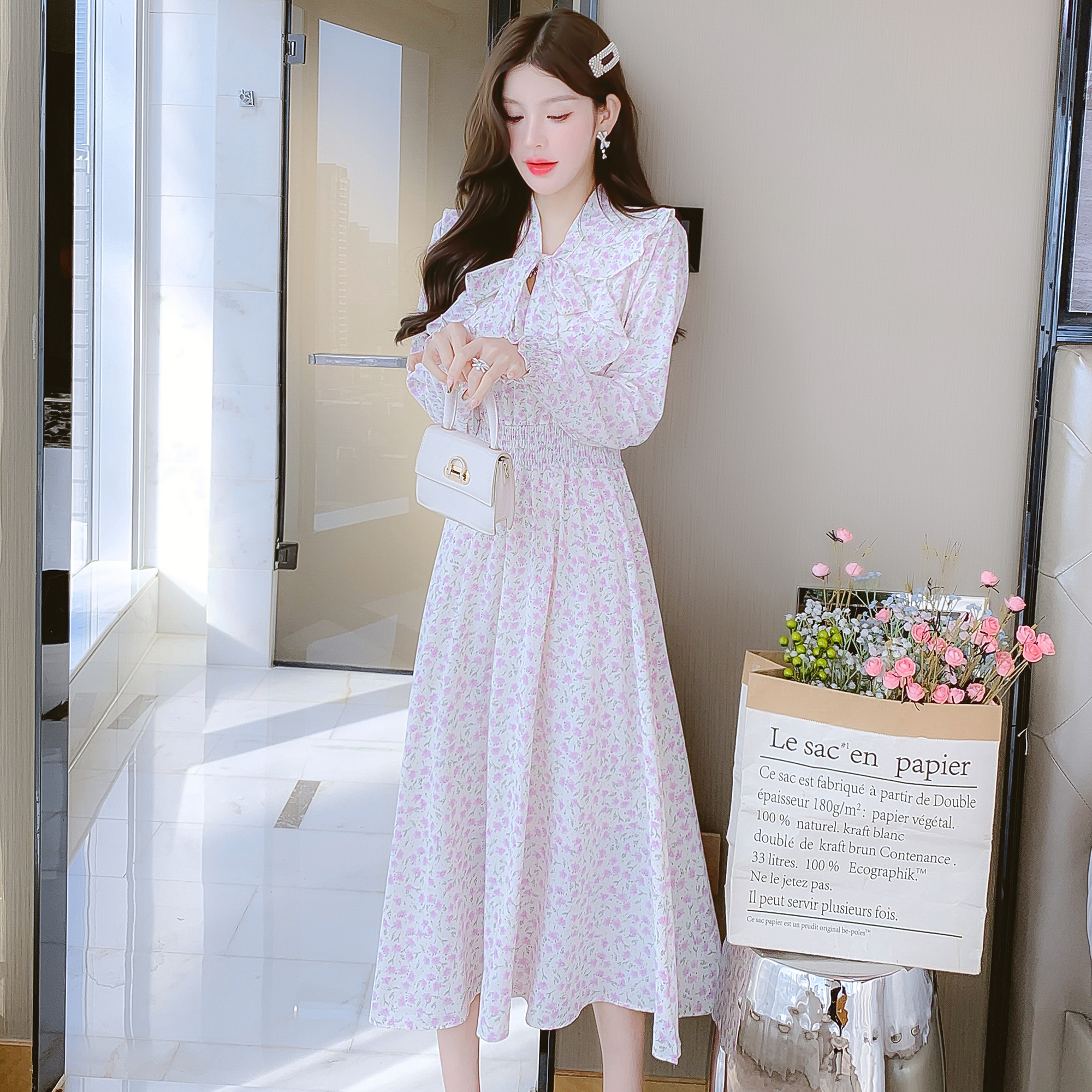實拍2023甜美喇叭袖淑女超修身雪紡荷葉邊裙韓版長袖碎花連衣裙