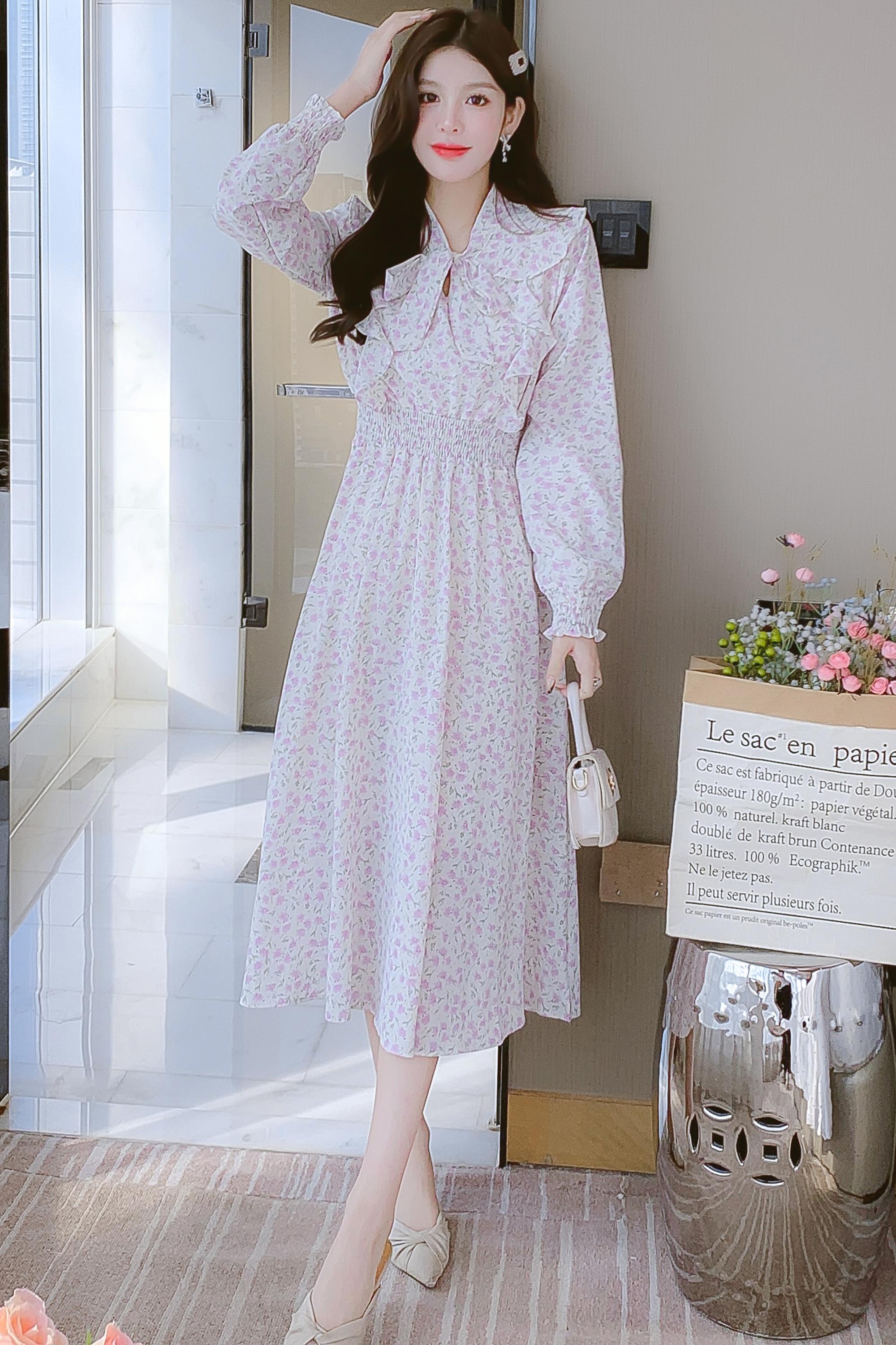 實拍2023甜美喇叭袖淑女超修身雪紡荷葉邊裙韓版長袖碎花連衣裙