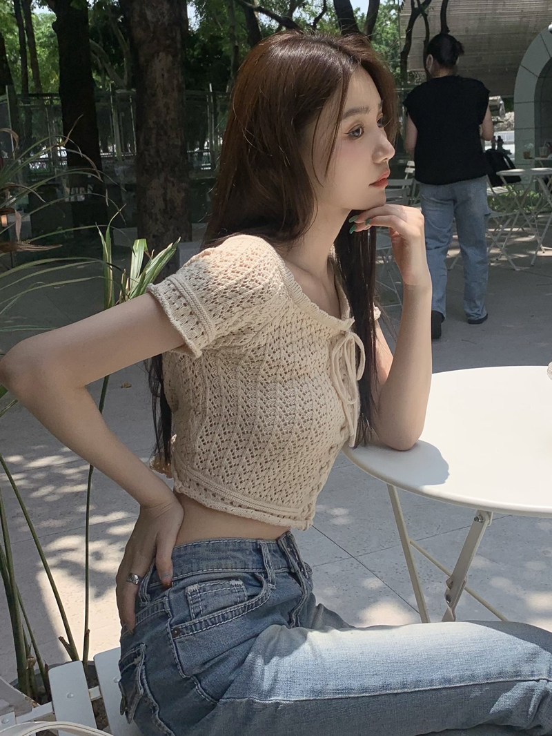 Real shot Summer pure lust style short-sleeved American retro hollow strap cardigan sweet cool sweater top for women