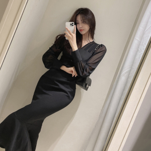 RM5621#韩国chic 春季透视网纱袖拼接收腰鱼尾美人鱼连衣裙
