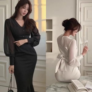RM5621#韩国chic 春季透视网纱袖拼接收腰鱼尾美人鱼连衣裙