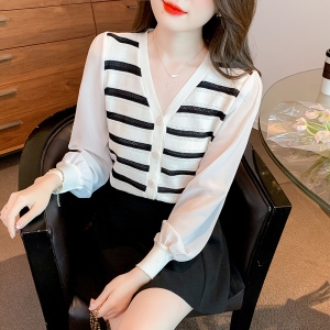 RM1387#新款韩版条纹针织衫拼接雪纺V领打底衫上衣女