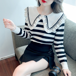 RM1390#新款韩版娃娃领条纹套头毛衣时尚百搭减龄针织衫