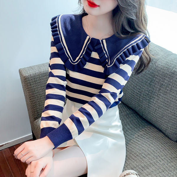 RM1390#新款韩版娃娃领条纹套头毛衣时尚百搭减龄针织衫
