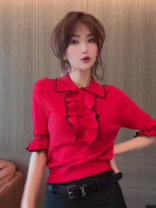 TR11526# 春装新款女装荷叶袖设计感POLO领红色上衣高级针织打底衫 服装批发女装直播货源