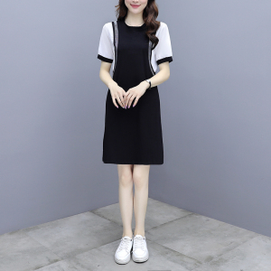 RM5847#中长款T恤裙撞色袖圆领大码连衣裙女