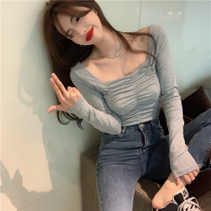 RM491#韩版性感显锁骨方领打底衫女修身褶皱长袖T恤潮