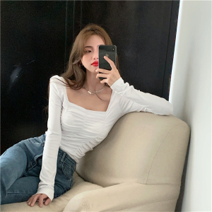 RM491#韩版性感显锁骨方领打底衫女修身褶皱长袖T恤潮