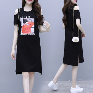 RM5855#中长款T恤裙大码女装大码连衣裙夏款黑色不掉毛露肩连衣裙