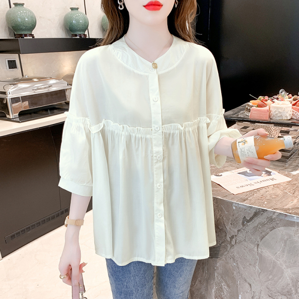 RM2576#娃娃领复古衬衫女夏法式甜美减龄衬衣泡泡短袖设计感上衣